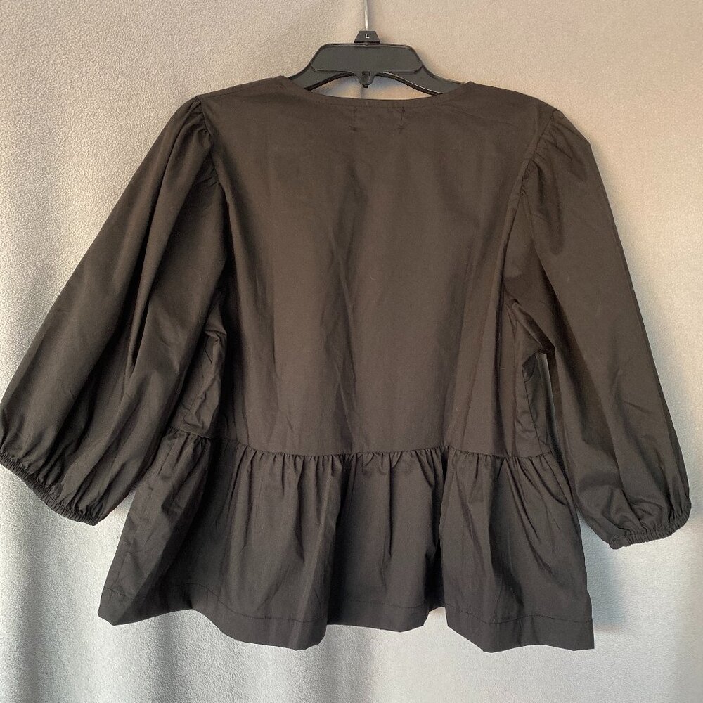 Jon & Anna Contemporary Black Peplum Blouse | Size S | Tie Front 3/4 Sleeve Top - Picture 2 of 6